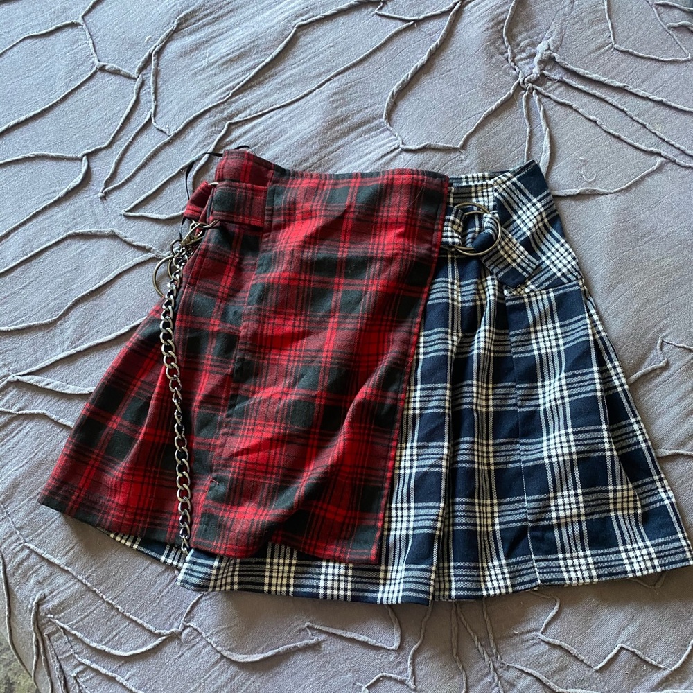 Red and Black Plaid Skirt with Chain
